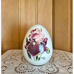 Hand-Painted Iris Vintage Ceramic Egg Artist Signed Glynda Turley 1999